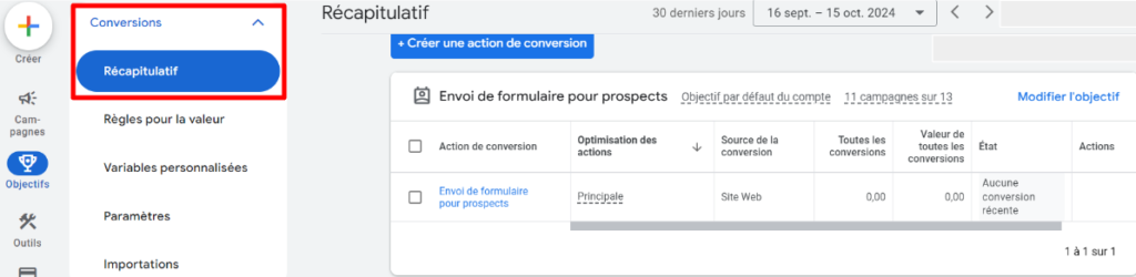 Capture d'écran du récapitulatif d'une campagne Google Ads