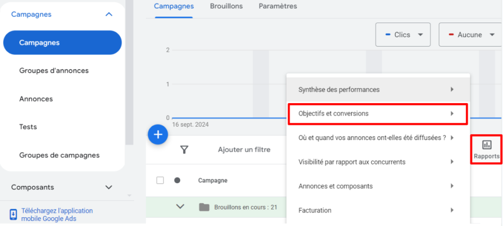 Capture d'écran des paramètres d'objectif d'une campagne Google Ads