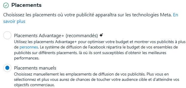 emplacements de diffusion publicités Meta