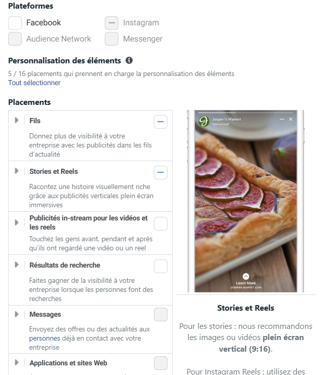 Placements de diffusion publicités Meta