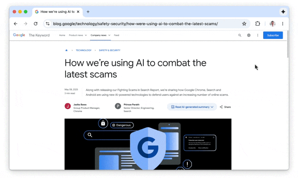 Capture d'écran d'un article Google sur l'usage de l'IA contre les arnaques