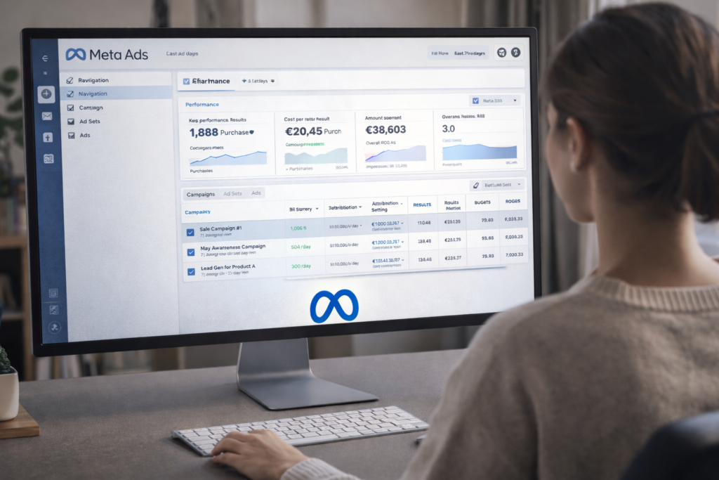 Personne consultant un tableau de bord Meta Ads sur un écran