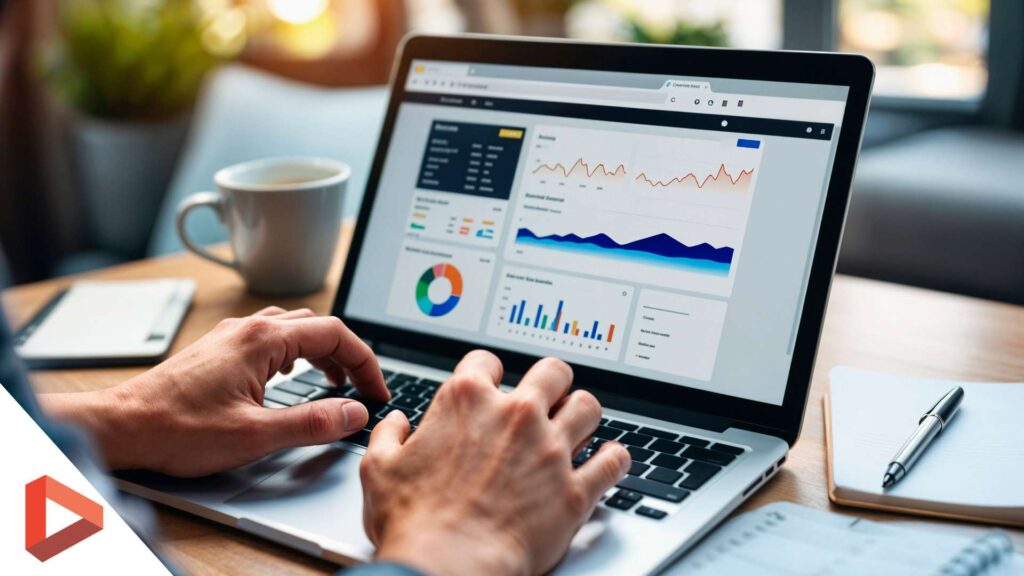 Mains sur un ordinateur portable affichant un tableau de bord analytique