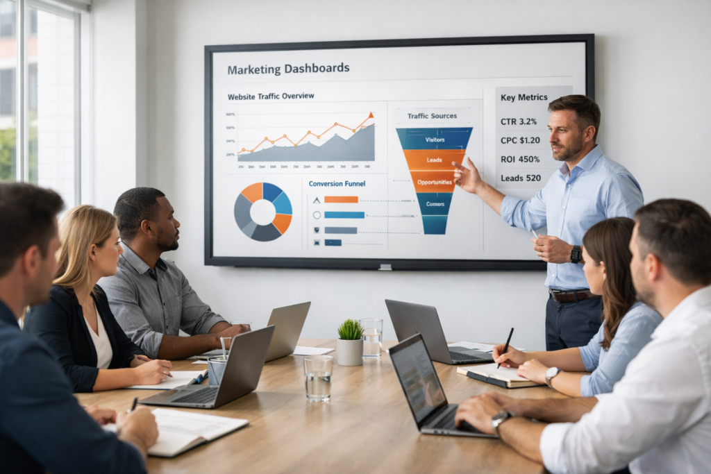 Équipe en réunion analysant un tableau de bord marketing à l'écran
