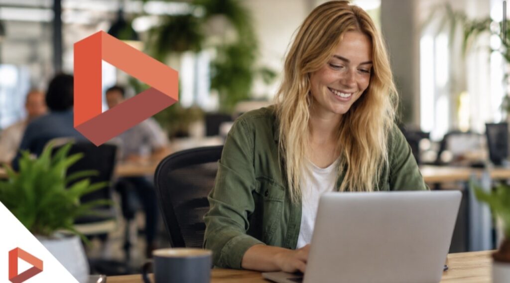Femme souriante travaillant sur un ordinateur portable en open space