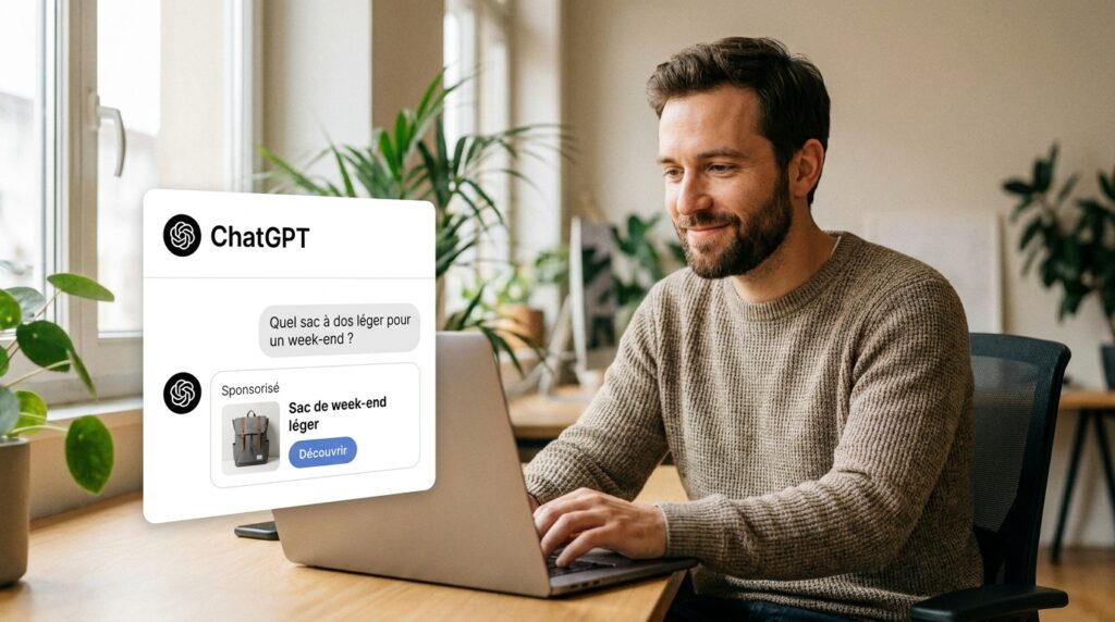 Interface ChatGPT avec une publicité sponsorisée — cahier de tendances ChatGPT Ads Enablers