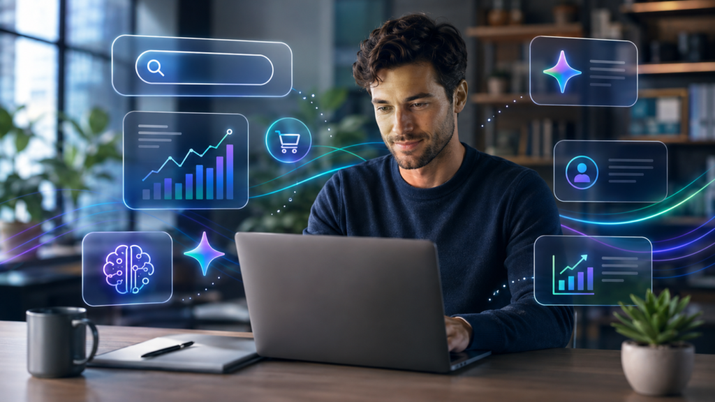Homme utilisant un ordinateur portable avec des indicateurs marketing en surimpression