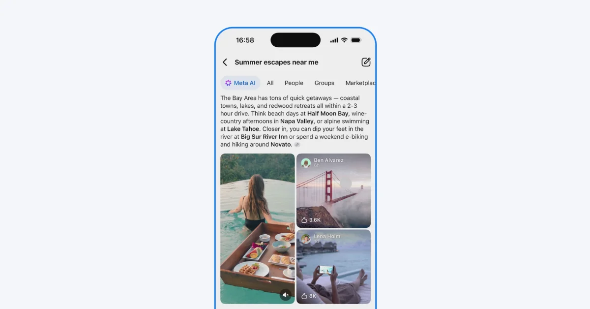 Recherche Meta AI sur mobile avec résultats enrichis