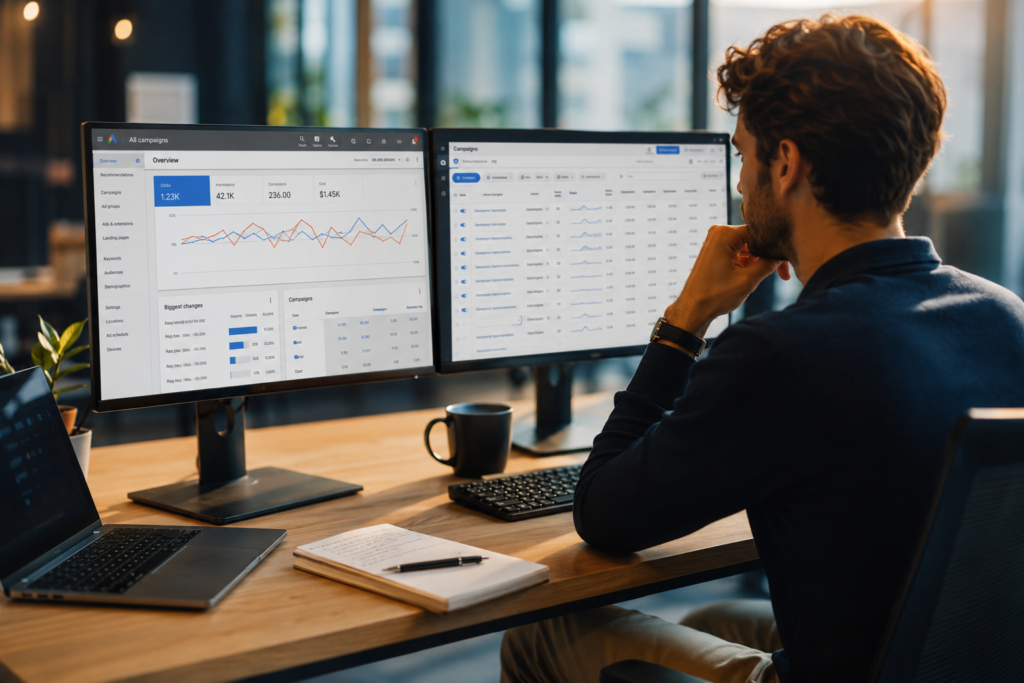 Analyste marketing comparant les performances de campagnes Google Ads et Meta Ads en B2B sur deux écrans