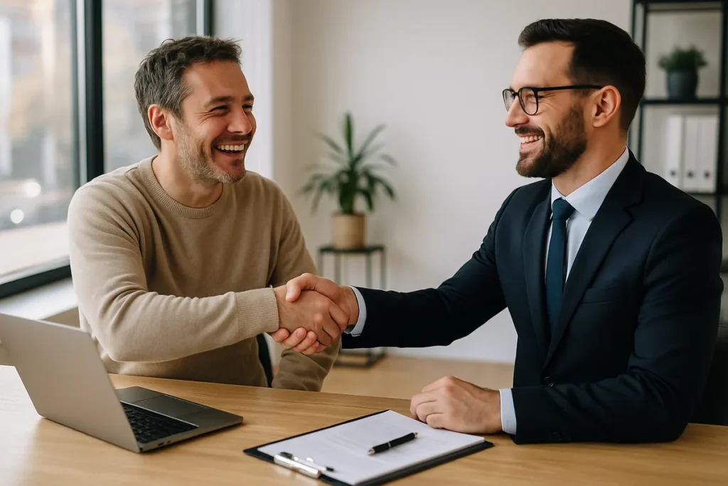 Client satisfait et dirigeant se serrant la main, clients ambassadeurs sur LinkedIn