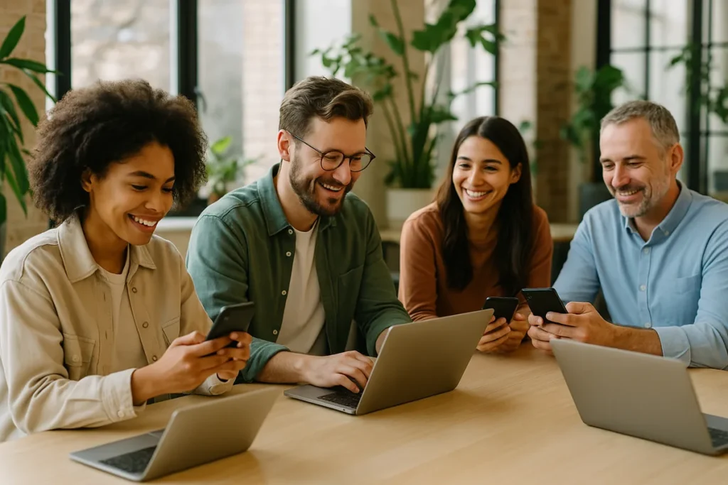 Collaborateurs engagés ensemble sur LinkedIn depuis smartphones et ordinateurs