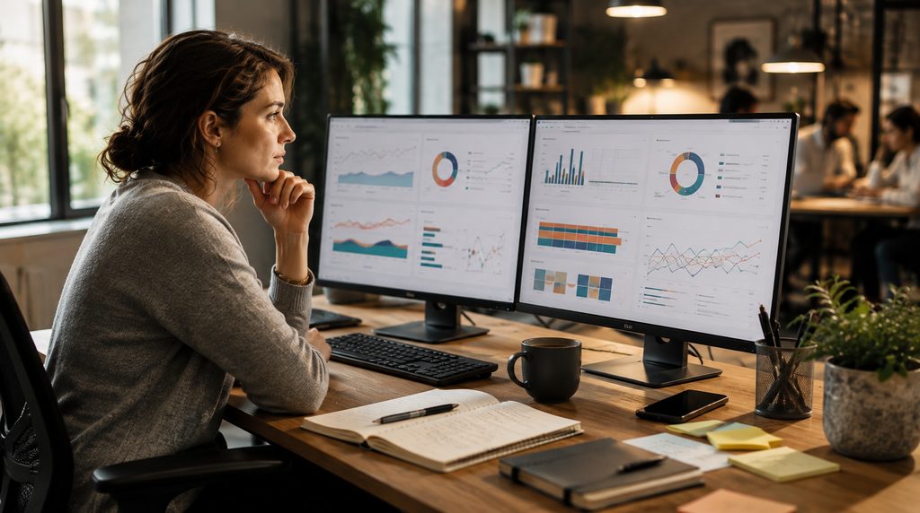 Responsable marketing analysant les performances de sa stratégie digitale sur deux écrans