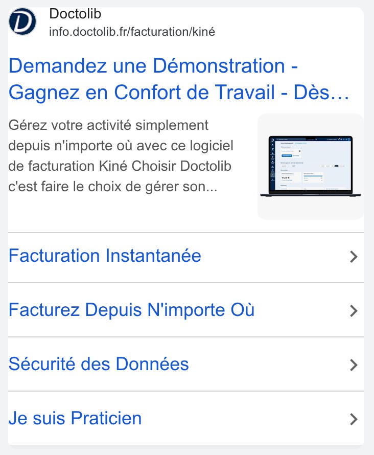 Annonce Google Ads Doctolib sur mobile avec un composant Image et quatre liens annexes