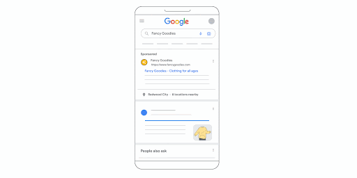 Animation Google montrant le parcours déclenché par un composant Lieu, de l'annonce à la fiche établissement