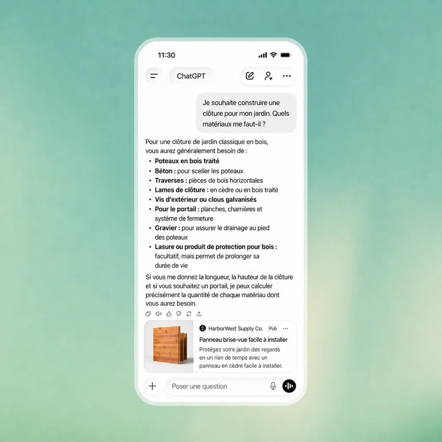 Conversation ChatGPT en français sur la construction d'une clôture de jardin, suivie d'une annonce sponsorisée pour un panneau brise-vue
