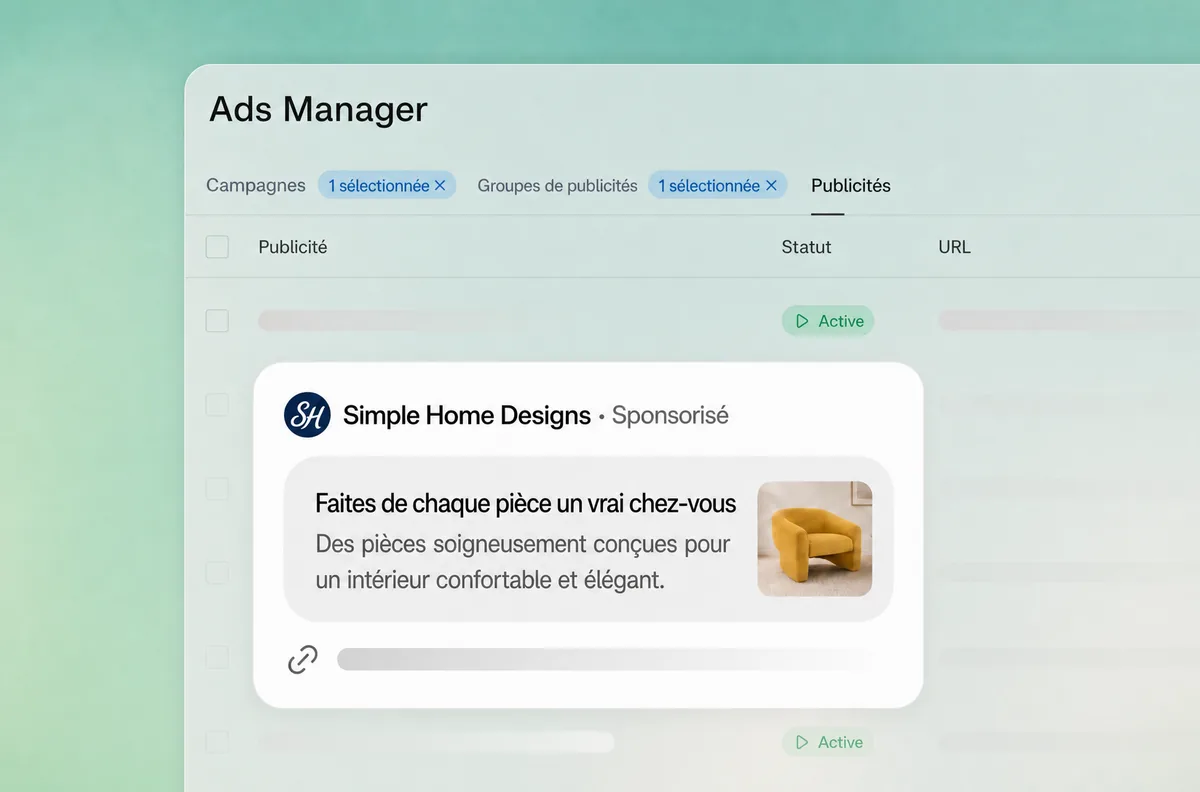 Interface de l'Ads Manager de ChatGPT Ads en français avec une annonce sponsorisée pour un fauteuil jaune