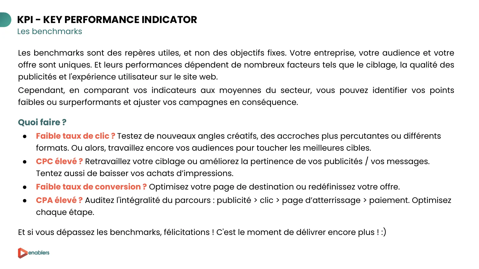 Slide « Les benchmarks » du cahier KPI 2026 : quoi faire face à un CTR faible, un CPC élevé, un taux de conversion faible ou un CPA élevé