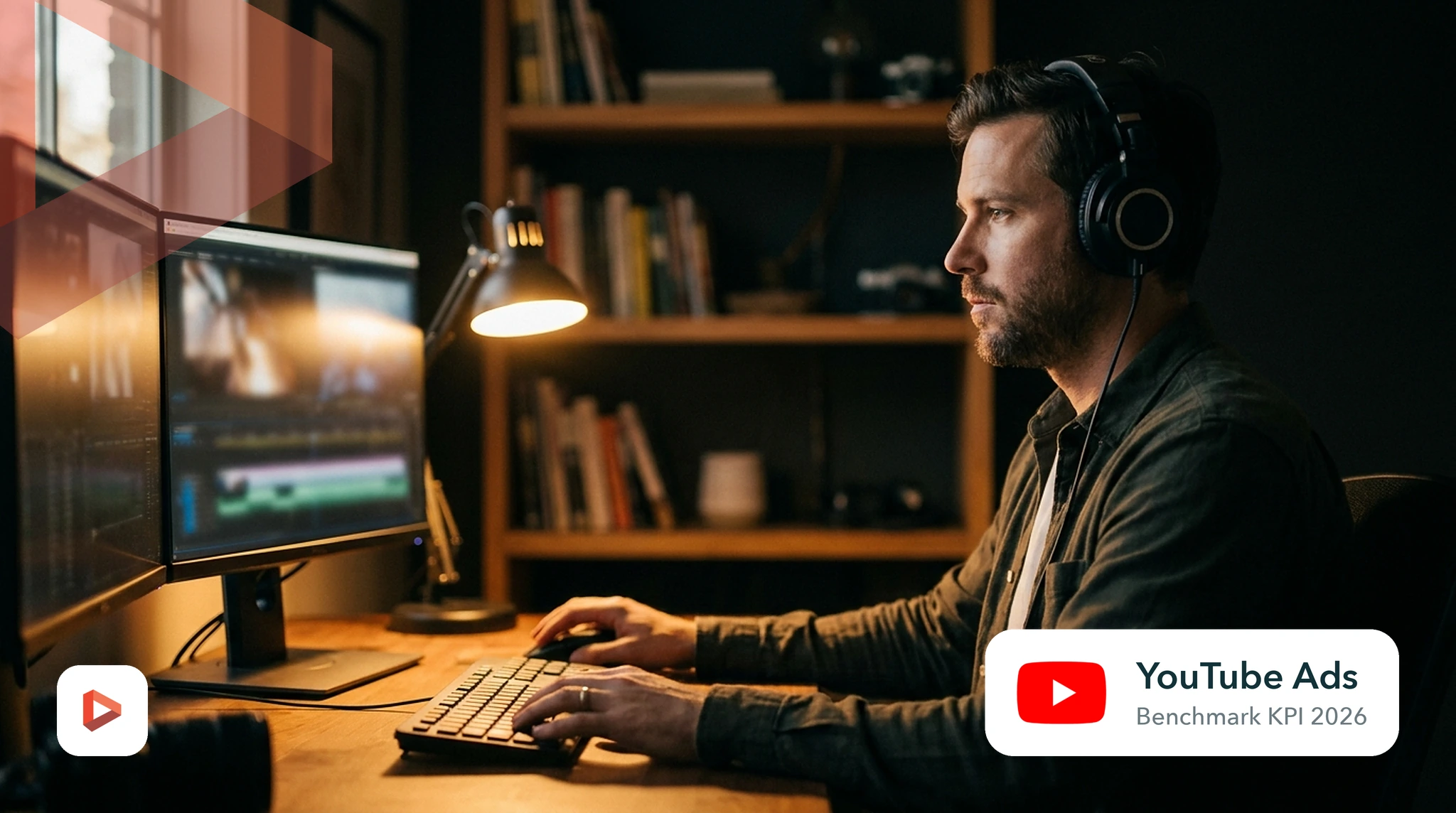 Monteur vidéo au casque devant ses deux écrans de montage, benchmark KPI YouTube Ads 2026