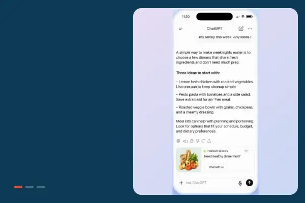 Animation : dans ChatGPT, une annonce signalée « Ad » avec un bouton « Chat with us » apparaît sous la réponse et ouvre un agent sponsorisé