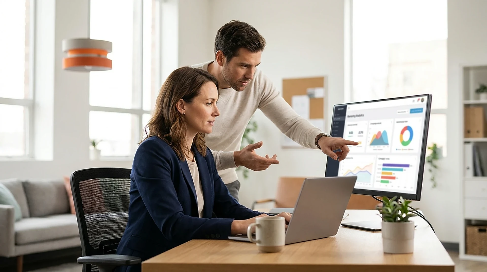 Responsable marketing et consultant d'agence analysant ensemble un tableau de bord d'acquisition à l'écran